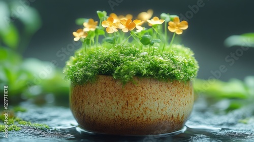 Small pot with vibrant yellow flowers and green moss on a natural surface in ...