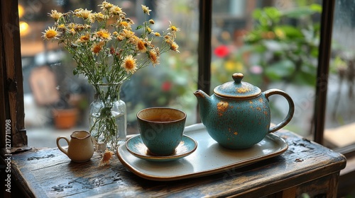 Elegant teal teapot with gold accents beside a flowering plant on a wooden table
