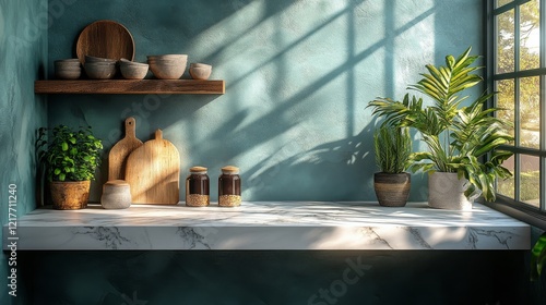 Fresh oranges in a wooden bowl on a marble countertop with herbs and bowls