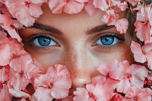 Portrait of a woman with striking blue eyes surrounded by vibrant pink flowers