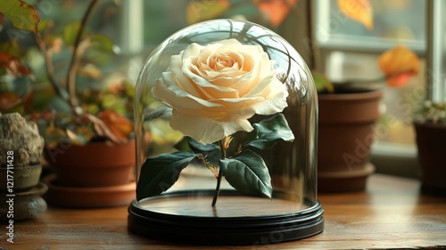 Elegant white rose in a glass vase on a wooden table with soft lighting