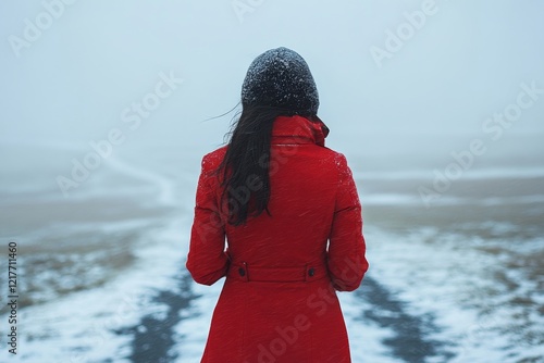 Woman in red coat walking on snowy path through winter landscape with falling...