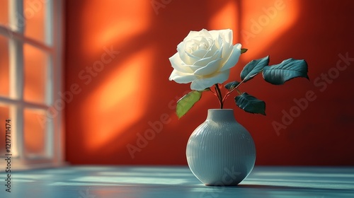 White rose in a simple vase against an orange wall with sunlight streaming in