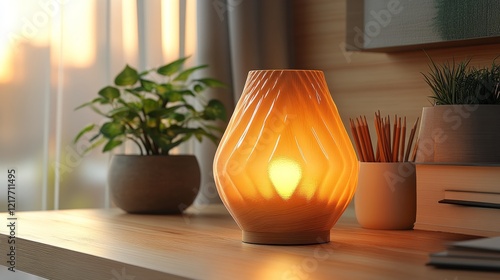 Cozy interior setup featuring warm lighting and potted plants in a serene liv...