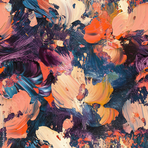 Abstract painting seamless pattern. All-over textured background with brush strokes, spots, blots, floral silhouettes. Acrylic painting style grunge illustration. Purple, blue, orange, yellow colours