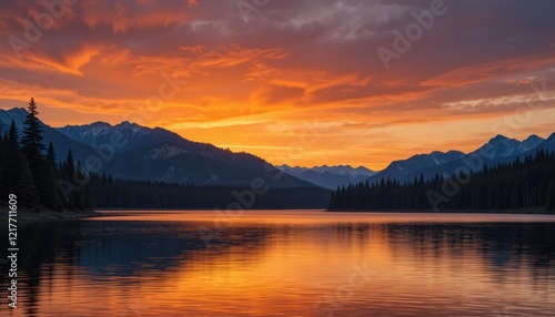 Wallpaper Mural A colorful sunset over a calm lake with mountains and pine trees in the distance. Torontodigital.ca