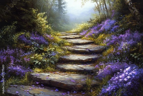 Beautiful stone pathway lined with purple flowers in a serene garden setting