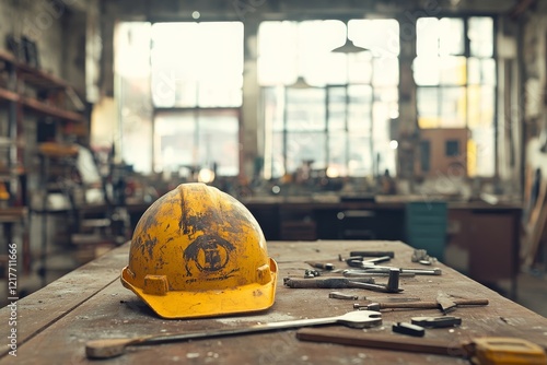 Yellow hard hat rests on a wooden table in a sunlit workshop filled with tool...
