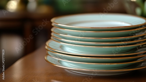 Elegant stack of turquoise plates with gold trim on a wooden table in a cozy ...