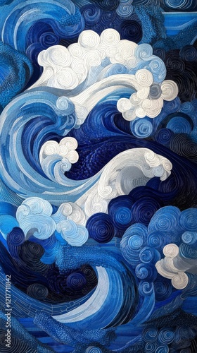 Dynamic waves in shades of blue with swirling clouds in an abstract art piece