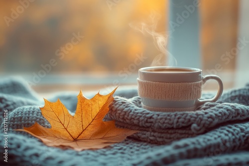 Cozy autumn setting with a steaming cup of coffee on warm knitted blankets