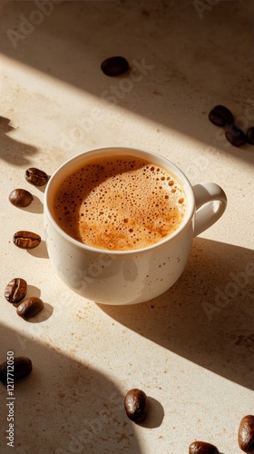 Coffee cup surrounded by roasted beans on a warm surface in sunlight