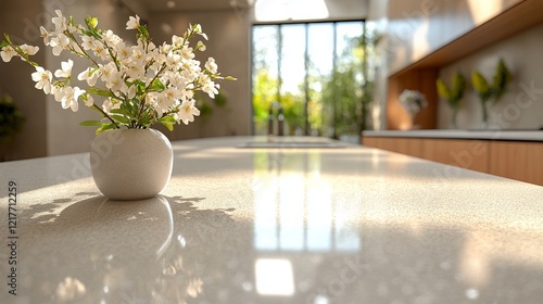 Beautiful floral arrangement in a modern kitchen with elegant decor and marbl...