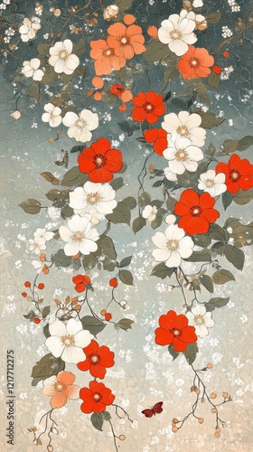 Red roses and white blossoms elegantly arranged on a wallpaper background