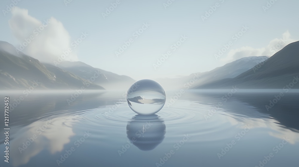 Serene Glass Sphere on a Calm Lake, Misty Mountains Background Serene Glass Sphere on a Calm Lake, Misty Mountains Background