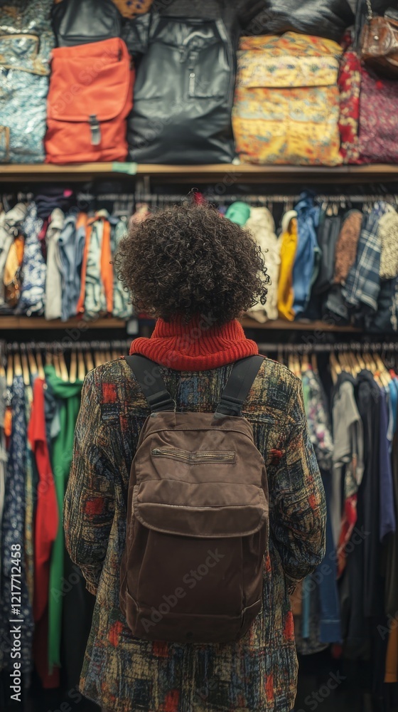 Fototapeta premium Young woman browsing vintage clothing in a cozy thrift store