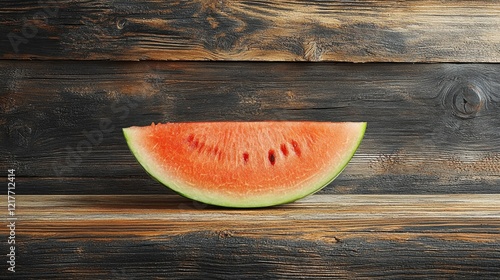 Fresh watermelon slice on rustic wooden table in natural light