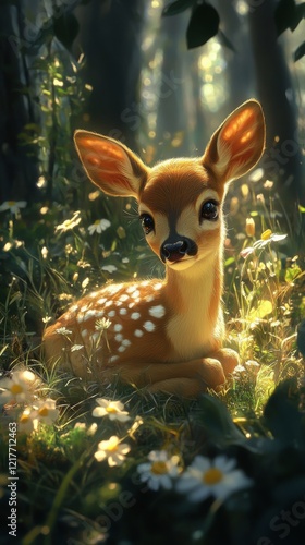 Young fawn resting on green grass in a sunny forest clearing surrounded by trees