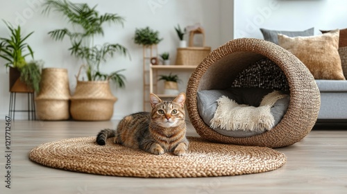 Cozy cat relaxing in a soft tunnel at home on a sunny day