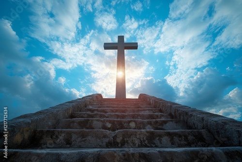 Sunlight shining through cross at top of stone steps under blue sky