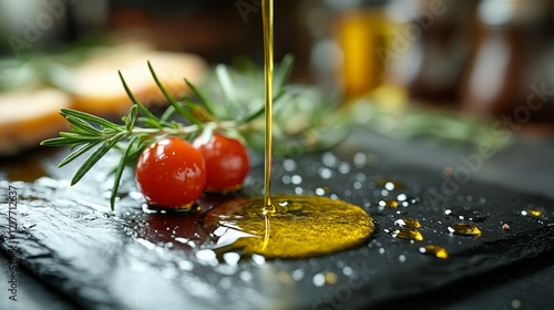 Olive oil drizzled over fresh cherry tomatoes and herbs on black slate with r...