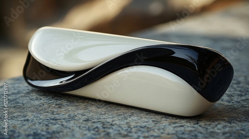 Elegant black and white clutch resting on a marble surface in a modern interi...