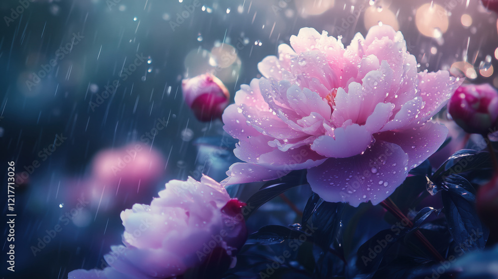 custom made wallpaper toronto digitalMystical Garden of Peonies Blooming Under Midnight Rain, Their Pink Petals with Water Droplets, Delicate Beauty, with Soft Raindrops Rippled in Nearby Puddles, Creating a Romantic and Otherworldly Sce