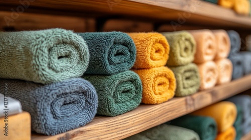 Soft towels arranged neatly on wooden shelves in a home decor shop showcasing...