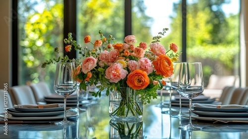 Elegant table setting adorned with vibrant flowers and soft candlelight durin...