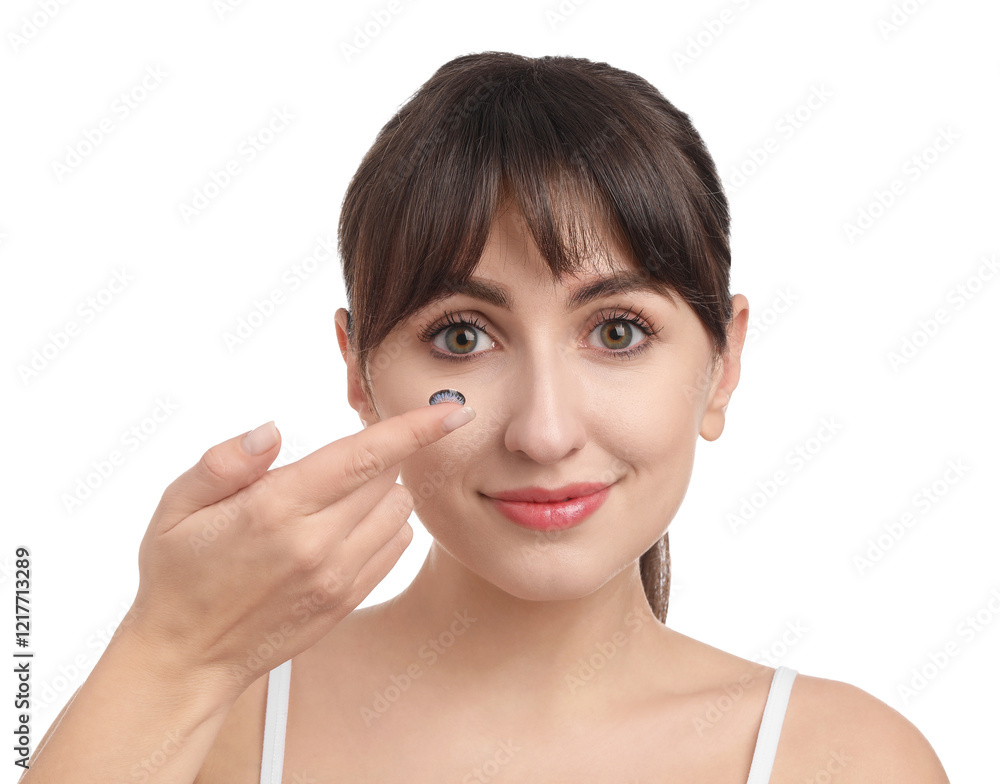 Woman with blue color contact lens on white background Woman with blue color contact lens on white background