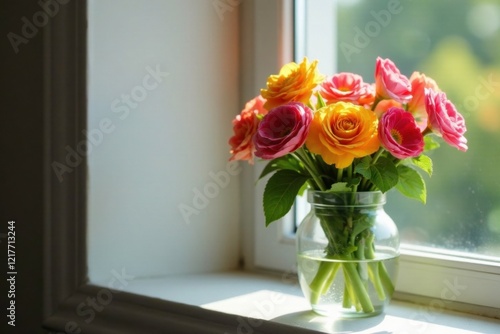 Wallpaper Mural Fresh cut flowers in a glass vase on windowsill, botanicals, blossoms, blooms Torontodigital.ca