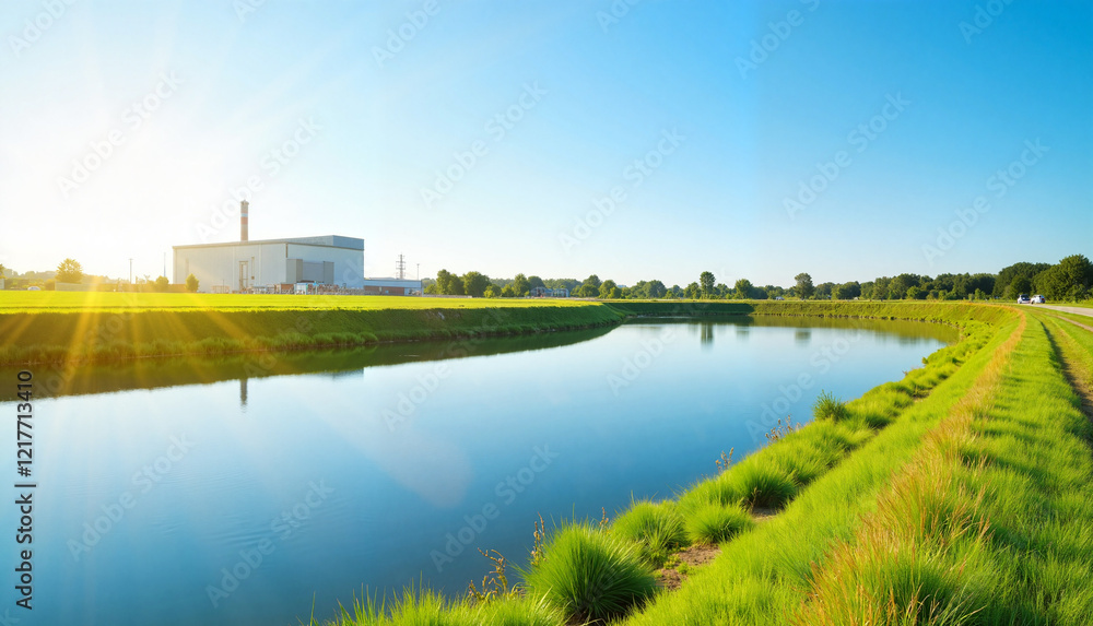 Fototapeta premium Water treatment facility by the river with green landscaping and bright sunlight