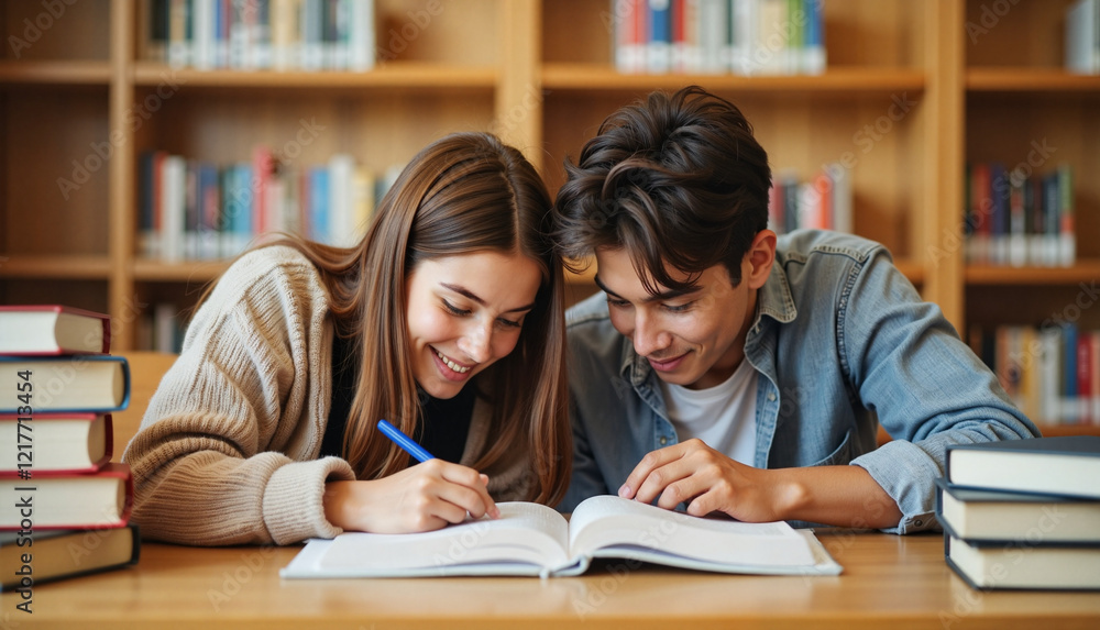 Students studying new textbooks together in the library with smiles Students studying new textbooks together in the library with smiles