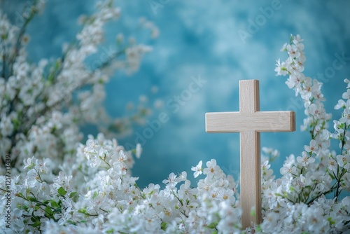 Wooden cross surrounded by delicate pink flowers on a soft blue background du...