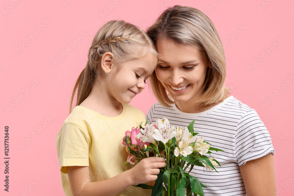 Little daughter congratulating her mom with bouquet of alstroemeria flowers on pink background. Happy Mother's Day Little daughter congratulating her mom with bouquet of alstroemeria flowers on pink background. Happy Mother's Day