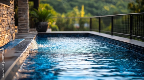 Modern villa with infinity pool overlooking serene lake and mountains at sunset