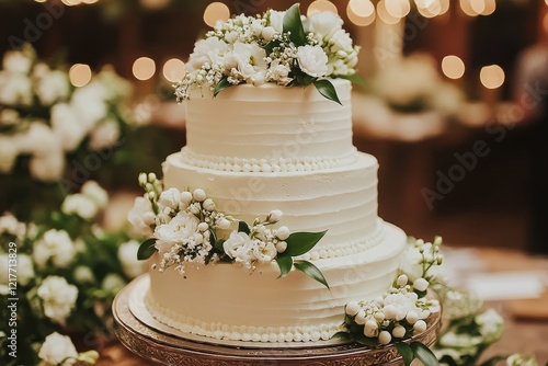 Elegant two-tier wedding cake adorned with fresh white flowers inside a charm...