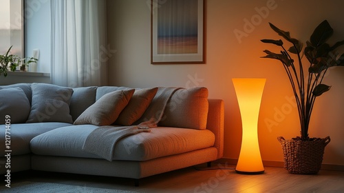 Cozy living room with soft lighting and plants during golden hour in a tranqu...