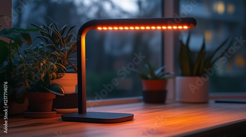 Soft glow from a modern desk lamp enhancing a cozy workspace in the evening