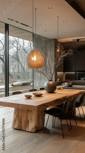Modern dining area with wooden table and natural decor in cozy setting with l...
