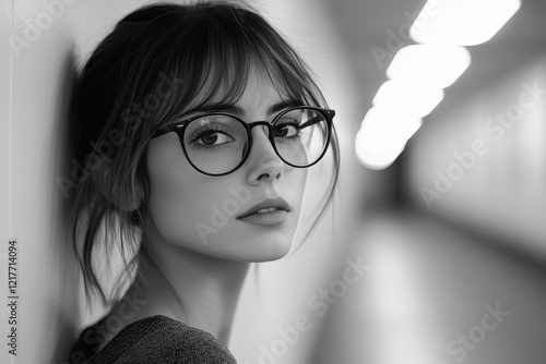 Young woman with glasses gazes thoughtfully in a softly lit hallway setting