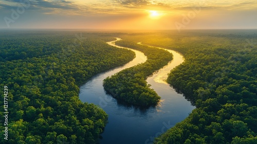 Misty river flowing through lush jungle landscape in a tropical region
