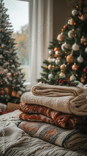 Cozy knitted blankets arranged near a beautifully decorated Christmas tree wi...