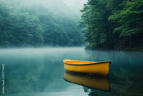 Calm waters reflect a yellow boat amidst lush green forests and morning mist