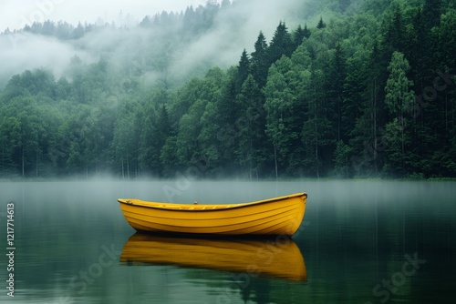Calm waters reflect a yellow boat amidst lush green forests and morning mist