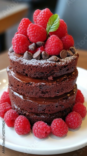 Decadent chocolate raspberry dessert tower with fresh berries and cream