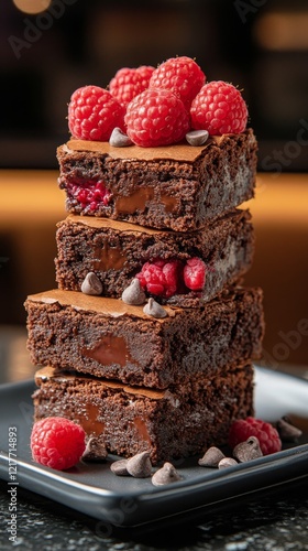 Decadent chocolate raspberry dessert tower with fresh berries and cream