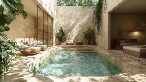 Serene interior of modern leisure facility with natural light and minimalist ...