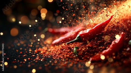 Spicy red chilies creating an explosion of flavor in a dark kitchen setting a...