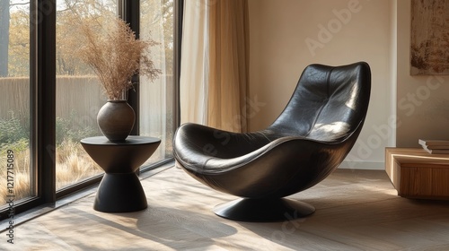 Modern black chair with minimalist decor in elegant interior living space und...